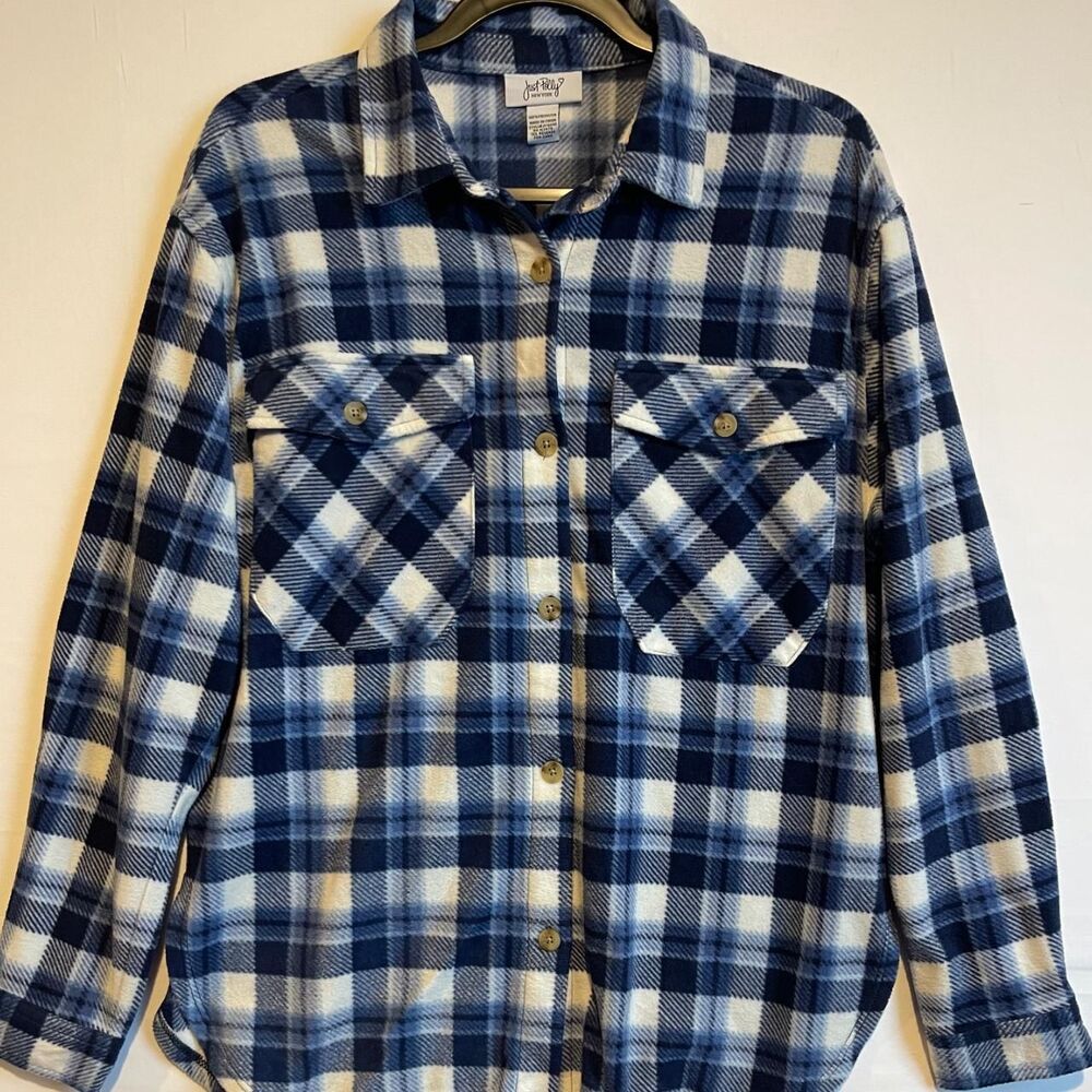 Just Polly Blue Plaid Brushed Knit Button Down Shacket L
